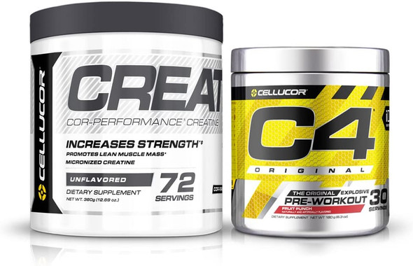 Cellucor Pre Workout & Creatine Bundle, C4 Original Pre Workout Powder, Fruit Punch, 30 Servings + Cor Performance Creatine Powder, 72 Servings