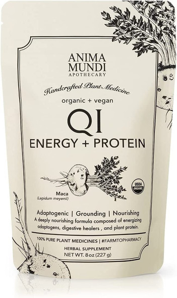 Anima Mundi Qi Energy + Protein Superfood Powder - Adaptogenic Adrenal Support Supplement Powder with Ashwagandha and Slippery Elm - Mood and Energy Support Supplement and Protein Powder (8oz / 227g)