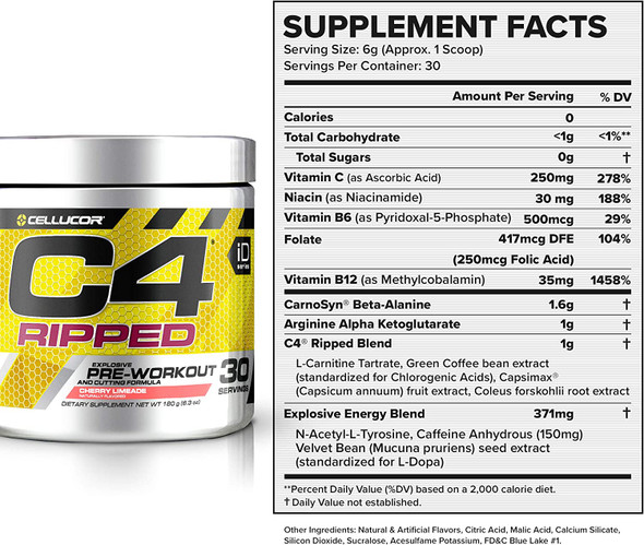C4 Ripped Pre Workout Powder Cherry Limeade | Creatine Free + Sugar Free Preworkout Energy Supplement for Men & Women | 150mg Caffeine + Beta Alanine + Weight Loss | 30 Servings