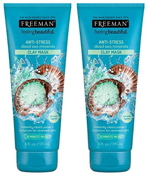 Freeman Anti-Stress Clay Facial Mask with Dead Sea Minerals, Balancing and Clearing Beauty Face Mask, 6 oz, 2 Pack