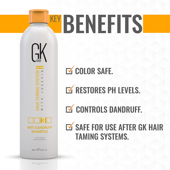 GK HAIR Global Keratin Anti Dandruff Shampoo (8.5 Fl Oz/250ml) - Hair Deep Cleansing and Impurities Remover Anti Residue Sulfate Free Shampoo for Dry Damaged Hair for Men and Women