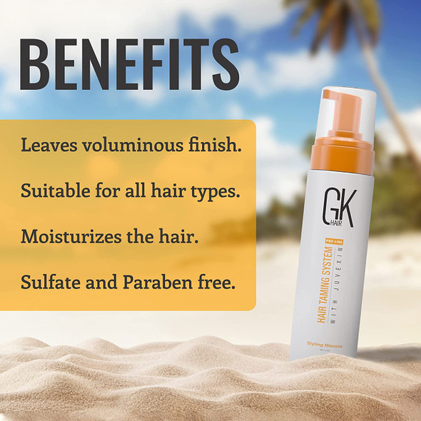 GK HAIR Global Keratin Volumizing Hair Styling Mousse (8.5 Fl Oz/250ml) -Enhances Curls Added Volume with Medium Hold & Boost Shine Moisturizing Blow Dry Frizz Control Foam for All Hair Types -Unisex