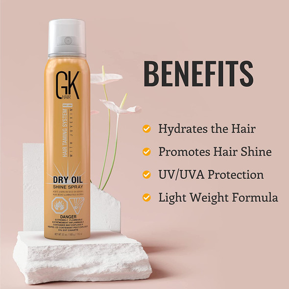 GK HAIR Global Keratin Dry Oil Shine Hair Spray (3.5 Fl Oz/115ml) for Hair Styling Light Weight Moisturizing Spray - With Natural, Coconut and Jojoba Oils | Instant Shine with Sun Protection (3.5 Fl Oz)