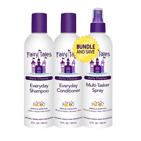 Fairy Tales Daily Cleanse Everyday Kids Shampoo and Conditioner set with Spray - Gentle Natural Defining Shampoo and Conditioner plus Spray Bundle, Tangle Free, Moisturizing and Hydrating Formula, Paraben Free - 12 oz Shampoo and 12 oz Conditioner