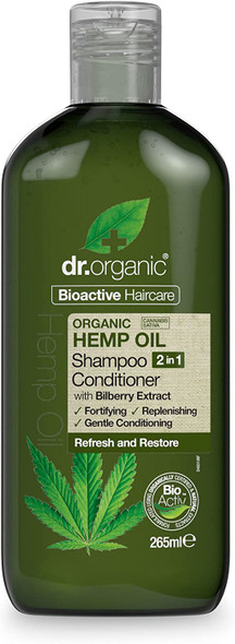 Dr Organic, Organic Hemp Oil 2 in 1 Shampoo & Conditioner , Natural , Vegan , Cruelty Free , Paraben & SLS Free , Eco Friendly Recyclable Packaging, For Women & Men, Palm Oil Free, 265ml