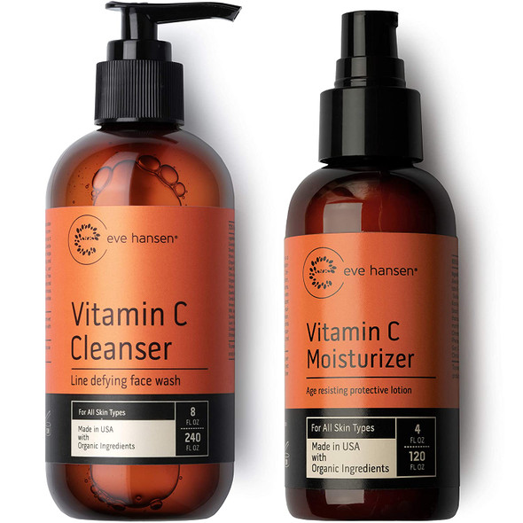 Eve Hansen Vitamin C Cleanser and Moisturizer Set | Natural Vit C Face Wash (8 oz) for a Deep Clean | 1X Brightening Moisturizer (4 oz) for All Skin Types