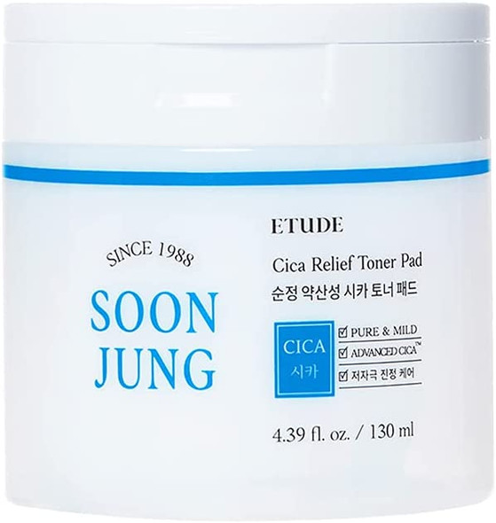 ETUDE HOUSE SoonJung CICA Toner Pad 70pcs (130ml) | Korean Sensitive Irritated Facial Skin Focused Relief Soothing and Hydrating Care for All Skin Type Cotton Pads | Makeup Retouch Pads