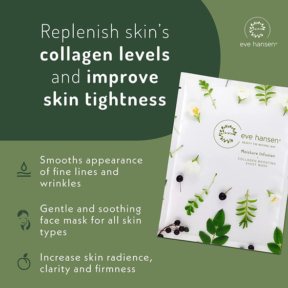 Eve Hansen Collagen Sheet Mask Set - Cruelty Free, Natural Hydrating Face Mask for Wrinkles and Dark Spots - 5X Facial Mask Sheet Face Masks