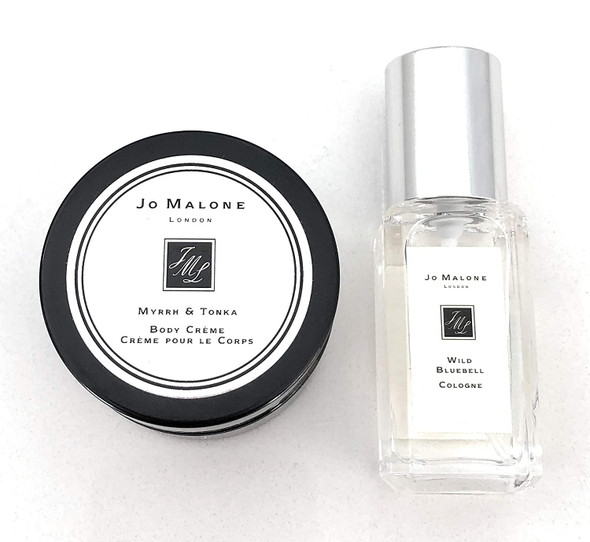 Jo Malone Myrrh & Tonka Cream 15ml / .5oz and Wild Bluebell Cologne 9ml/ .3oz. A Mini Travel Size Set