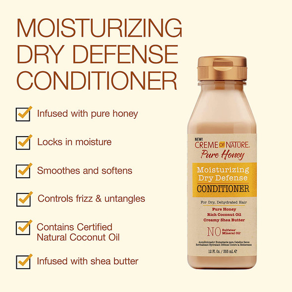 Coconut Oil & Shea Butter Conditioner By Creme Of Nature,Dry Defense For Damaged Hair, Formula With Pure Honey, 12.07 Fl Oz
