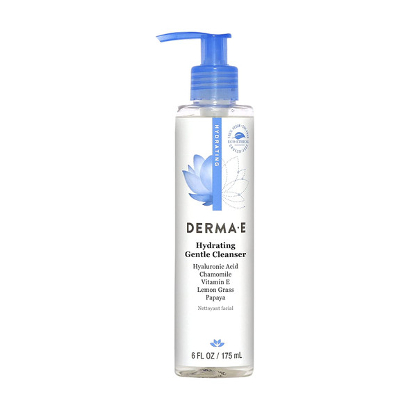 DERMA E Hydrating Gentle Cleanser with Hyaluronic Acid  Moisturizing Facial Cleanser Tones, Moisturizes & Improves Skin Texture  Gently Exfoliating Papaya Face Wash, 6 fl oz