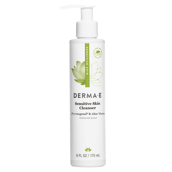 DERMA E Sensitive Skin Cleanser  Gentle, Unscented Cleansing Face Wash  Soothing Facial Cleanser with Pycnogenol and Aloe Vera - Reduces Redness and Irritation, 6 fl oz