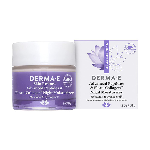 Derma E Advanced Peptides and Flora-Collagen Night Moisturizer  Hydrating Topical Facial Cream Improves Elasticity and Reduces Appearance of Lines and Wrinkles, 2 Oz