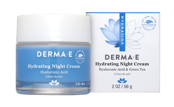 DERMA E Hydrating Night Cream  Overnight Face Moisturizer with Anti-Aging Hyaluronic and Green Tea Acid to Smooth and Nourish, 2 Oz