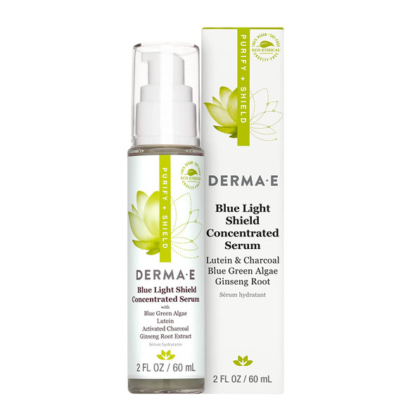 DERMA E Blue Light Shield Concentrated Serum  Mineral Rich Skin Care with Lutein and Blue Green Algae Extract  Antioxidant Face Serum Brightens and Defends Facial Skin, 2oz