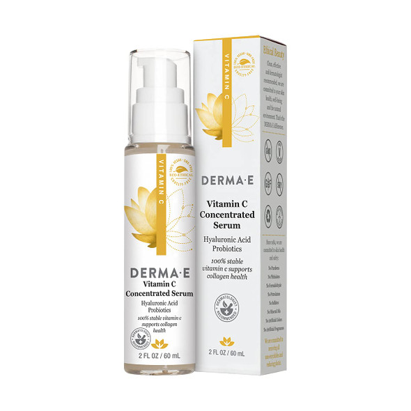 DERMA E Vitamin C Concentrated Serum with Hyaluronic Acid  All Natural, Antioxidant-Rich Concentrated Facial Serum  Firming and Brightening Skin Serum, 2oz