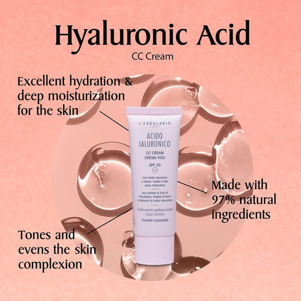 L'Erbolario - Hyaluronic Acid - Caramel Hue CC Face Cream - Even Out Complexion & Minimize Blemishes - Spf 20 - Cruelty Free - Dermatologically Tested, 1.6 oz