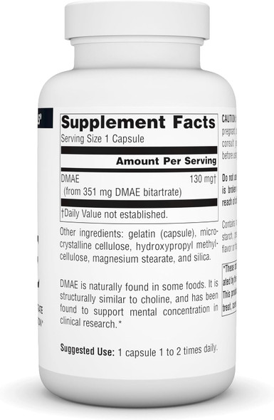 Source Naturals Dmae, Dimethylaminoethanol Bitartrate - Supports Mental Concentration - 200 Capsules