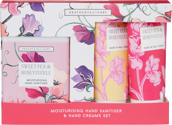 Heathcote & Ivory Sweet Pea & Honeysuckle Hand Care Set | 2 x 30ml Hand Cream & 20ml Antibacterial Hand Spray | Vegan Friendly | Travel Friendly Sizes