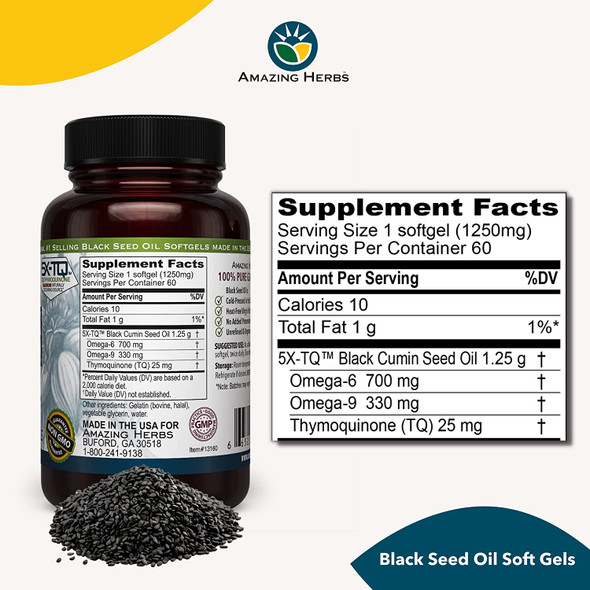 Amazing Herbs Premium Black Seed Oil Capsules - High Potency, Cold Pressed Nigella Sativa Aids in Digestive Health, Immune Support & Brain Function - 60 Count, 1250mg