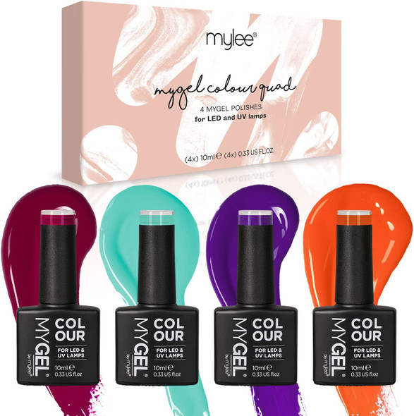 MYGEL by Mylee Gel Nail Polish Spring Summer Quad Colour Set 4x10ml - UV/LED Soak-Off Nail Art Manicure Pedicure for Professional, Salon & Home Use - Long Lasting & Easy to Apply (Bolds)