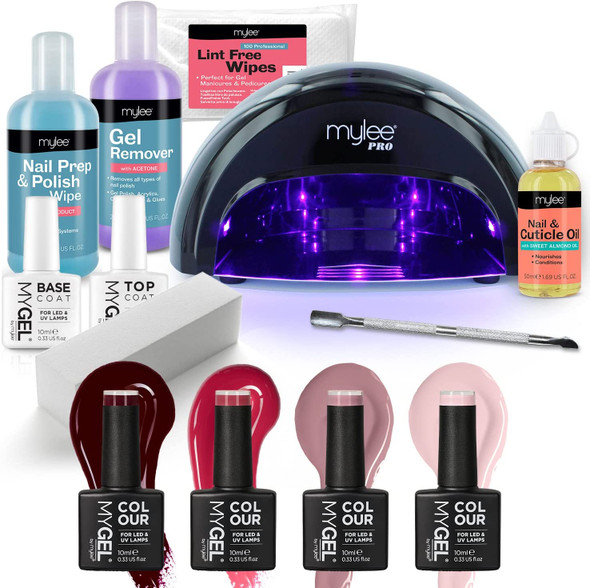 Mylee Complete Professional Gel Nail Polish LED Lamp Kit, 4x MyGEL Colours, Top & Base Coat, Mylee PRO Salon Series Convex Curing® LED Lamp, Prep & Wipe, Gel Remover and more (Black Lamp)