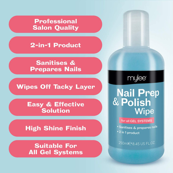 Mylee Gel Prep & Wipe Gel Nail Polish Finishing Wipe Residue Cleaner Remover 250ml + 100x Lint Free Wipes Kit, Preparation & After Care, UV LED Gel Polish Base Pre & Post Wipe, Sanitising & Removing Tacky Layer