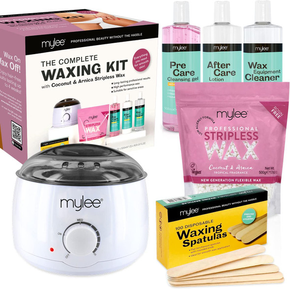 Mylee Professional Complete Waxing Kit with Wax Heater, Hard Wax Beads 500g, Applicator Spatulas, Pre & After Care Gel, Equipment Cleaner (Coconut & Arnica)