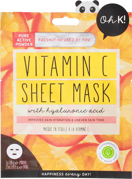 Oh K Vitamin C Sheet Mask for Dry and Dehydrated Skin, with added Hyaluronic Acid, Brightening Face Mask, Biodegradable, Vegan and Cruelty Free, 41g