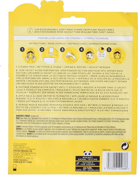 Oh K Vitamin C Sheet Mask for Dry and Dehydrated Skin, with added Hyaluronic Acid, Brightening Face Mask, Biodegradable, Vegan and Cruelty Free, 41g