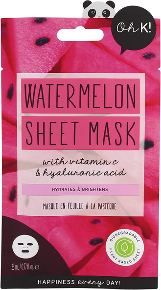 Oh K Watermelon Vitamin C Sheet Mask for Dry and Dehydrated Skin, with added Hyaluronic Acid, Hydrating & Brightening, Biodegradable, Vegan and Cruelty Free, 30g