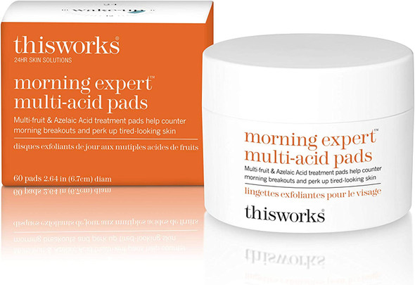This Works Morning Expert Multi-Acid Pads, Exfoliating Cotton Pads to Unclog Blocked Pores and Promote a Smooth Complexion. With Anti-Inflammatory Ingredients, Witch Hazel, AHAs and Vitamin B3,60 Pads