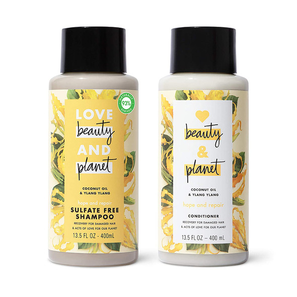 Love Beauty And Planet Hope and Repair Shampoo and Conditioner Dry Hair and Damaged Hair Care Coconut Oil and Ylang Ylang Paraben Free, Silicone Free, and Vegan 13.5 oz, 2 count