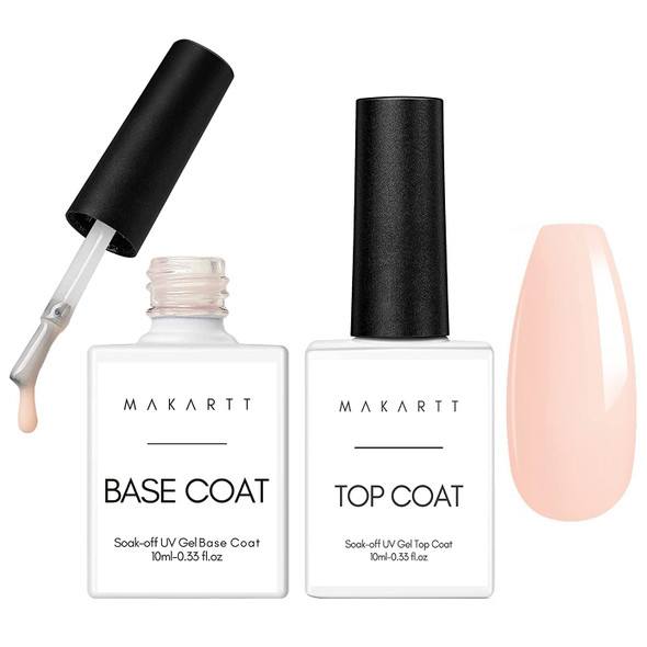 Makartt 2 in 1 Nude Color Gel Base and No Wipe Top Coat Kit, 10ml Soak off UV LED Gel Nail Polish Base and Top Coat Long Lasting Shiny Clear Nail Varnish Set (Nail Lamp Needed )