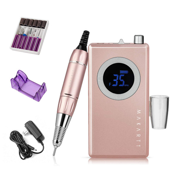 Makartt Rechargeable Nail Drill Electric Nail File Pink Stephanee 35000RMP Professional Nail Drill Kit with 5 in 1 Nail Drill Bits Tapered Drill Bits for Nails Fast Removing Acrylic Nail Hard Gels