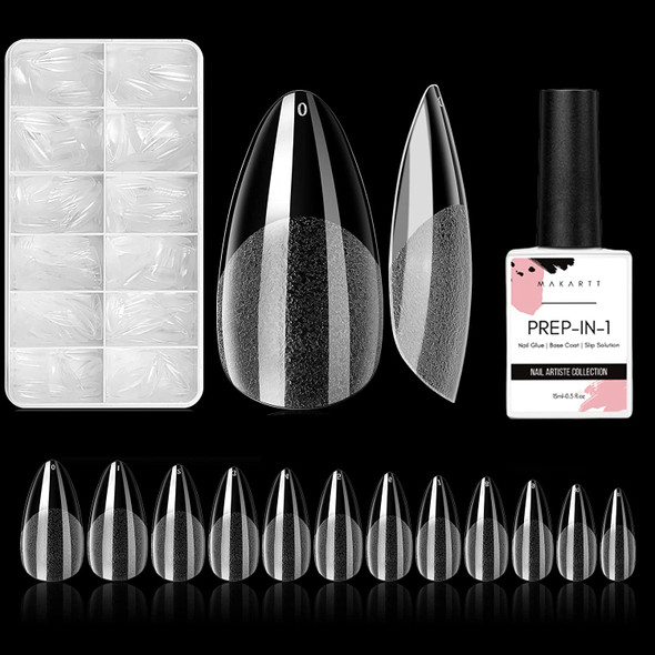 Makartt Gel X Nails Kit 504Pcs Soft Gel Full Cover Tips, Almond Stiletto False Nail Tips Bundle with UV Nail Glue 15ML 3 in 2 Base Coat SLip solution Nail Glue for Acrylic nails