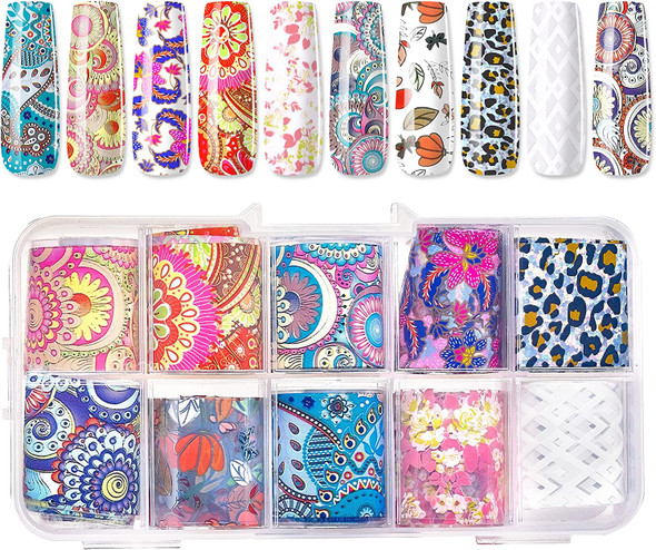 Makartt Nail Foil Nail Art Stickers 10 Rolls Nail Foil Transfer Sheets Nail Foil Adhesive Nail Decals Nail Art Supplies for Women DIY Nail Design Decoration - 2.5x100cm (Folk Patterns