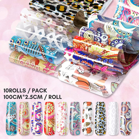 Makartt Nail Foil Nail Art Stickers 10 Rolls Nail Foil Transfer Sheets Nail Foil Adhesive Nail Decals Nail Art Supplies for Women DIY Nail Design Decoration - 2.5x100cm (Folk Patterns