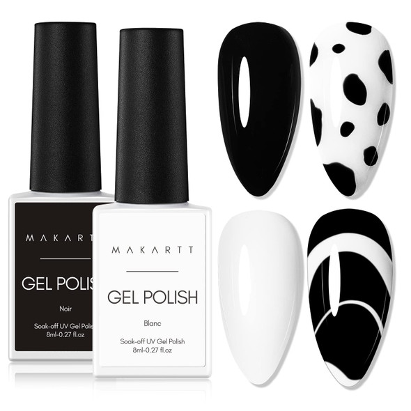 Makartt Gel Nail Polish Kit,Black White Nail Polish Gel Set Noir & Blanc Fall Color Soak Off Nail Gel Polish LED Required UV Gel Polish Gel Nail Kit Black Nails White Nails Gel Paint for Nail Art Salon DIY 2Pcs