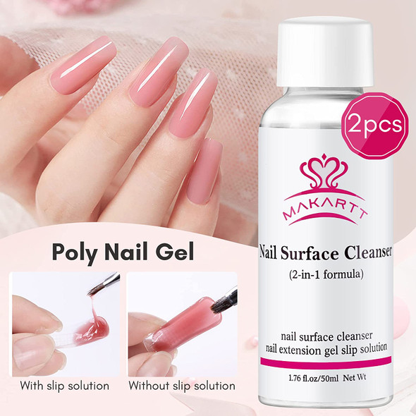 Makartt Slip Solution for Poly Nail Gel 3 in 1 Formula Nail Cleanser Nail Polish Remover Slip Solution Polygel Nail Extension Gel Liquid with Gel Nail Brush Lint-free Wipes Glass Cup 50ML 2 Bottles