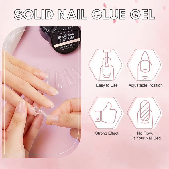 Makartt Solid Nail Gel and Gel Top Coat and Base Coat Kit,15ML Solid Nail Gel for Acrylic Nail Tips Glue Gel,2pcs 10ML Soak Off UV LED Gel Base and Top Coat Set