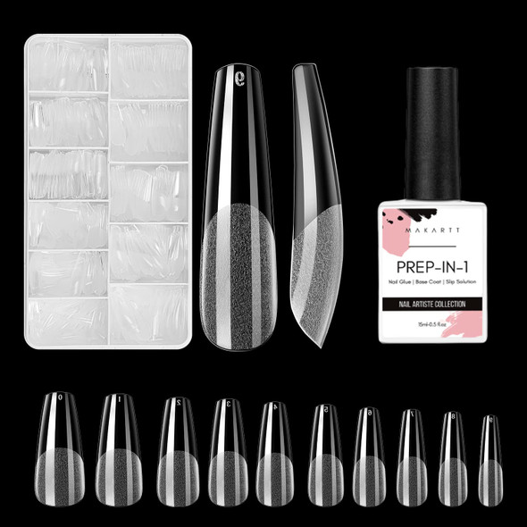 Makartt Gel X Nails Kit 500Pcs Soft Gel Full Cover Nail Tips, Medium Coffin Clear Fake Nail Tips Bundle with UV Nail Glue 15ML 3 in 2 Base Coat SLip solution Nail Glue for Acrylic nails