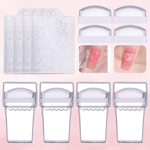 Makartt 12pcs Nail Stamper Kit inclod 4pcs Nail Art Stamper 4pcs Silicone Nail Stamper Head and 4pcs Nail Scrapers 12pcs Clear French Nail Stamper for DIY Nail Polish Decor Nail Tools