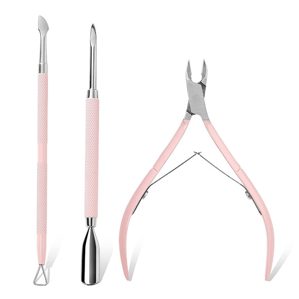 Makartt Cuticle Trimmer with Cuticle Pusher, 3 PCS Pink Nippers Nail Cuticle Professional Pedicure and Manicure Tools with Stainless Steel Cuticle Nipper, Dual End Cuticle Pusher, and Nail Scraper