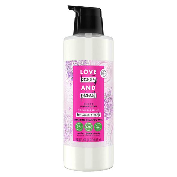 Love Beauty And Planet Shampoo Milk Moisture and Bounce for Waves and Curls Rice Oil and Angelica Essence 100 percent Biodegradable Shampoo 32 oz