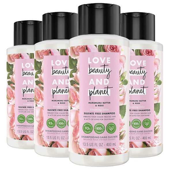 Love Beauty and Planet Blooming Color 100% Biodegradable Shampoo for Color-Treated Hair Murumuru Butter & Rose Silicone Free, Paraben Free, Sulfate Free, and Vegan 13.5 oz, Pack of 4