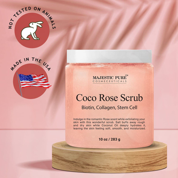 MAJESTIC PURE Coco Rose Scrub - With Biotin, Collagen, Stem Cell & Coconut Oil - Exfolaiting Body Scrub - Skin Moisturizer, Pore Cleanser & Body Exfoliator - Natural Skin Care for Men & Women - 10 oz