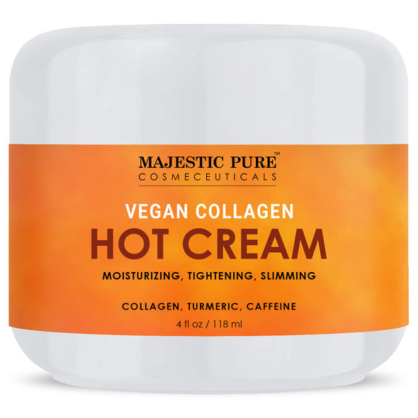 MAJESTIC PURE Hot Cream - With Caffeine, Vegan Collagen & Turmeric - Massaging, Relaxing, Skin Tightening, Firming, & Slimming Cream - Cellulite Cream for Thighs, Legs, Joint and Muscle Pain - 4 oz