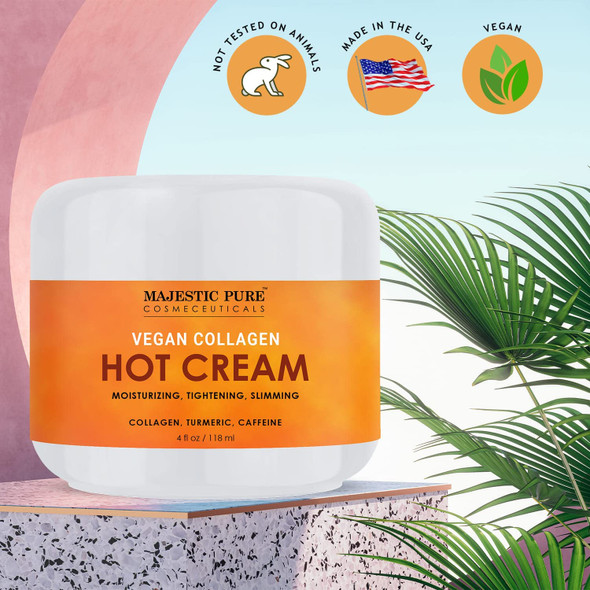 MAJESTIC PURE Hot Cream - With Caffeine, Vegan Collagen & Turmeric - Massaging, Relaxing, Skin Tightening, Firming, & Slimming Cream - Cellulite Cream for Thighs, Legs, Joint and Muscle Pain - 4 oz