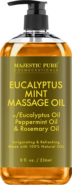 MAJESTIC PURE Eucalyptus Mint Massage Oil - Invigorating, Refreshing, and Relaxing - Therapeutic Massage, Made with Natural Oils - for All Skin Types - Men and Women - Made in USA - 8 fl oz